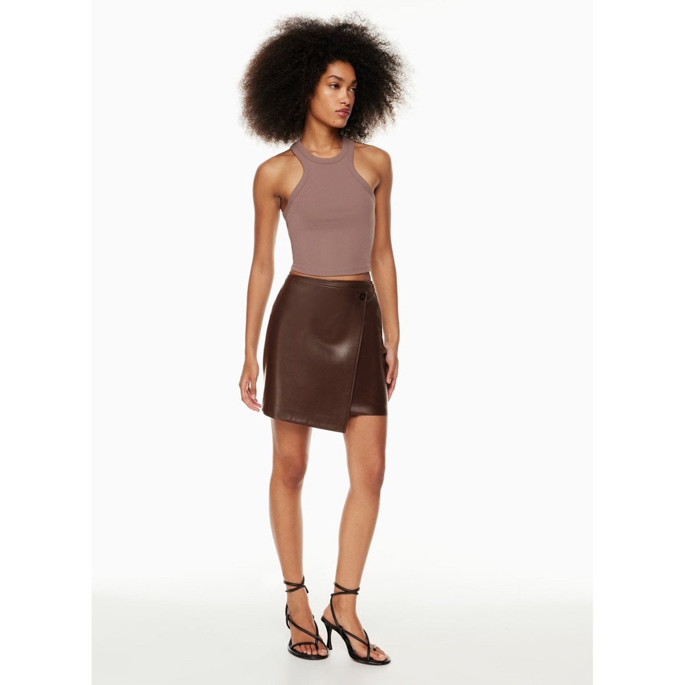Babaton Aritzia Vicinity Brown Vegan Faux Leather Wrap Mini Skirt Size 4 95100